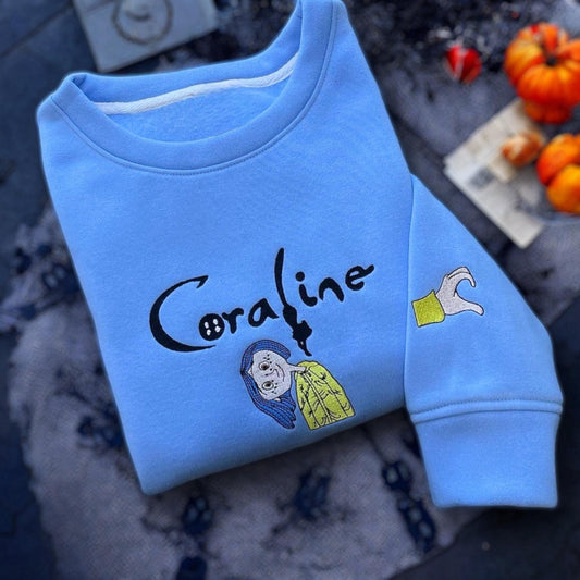 Halloween Button Doll Embroidered Crewneck | Wybie and Cora-line | Halloween Jumper | Halloween Sweatshirt | Halloween Clothing