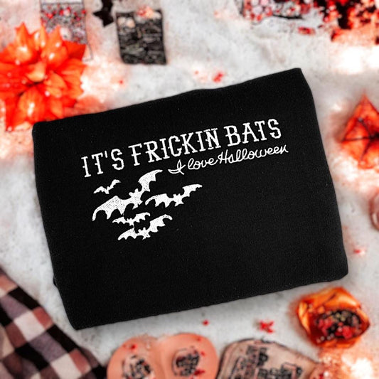 It's Frickin Bats Embroidered Jumper | I Love Halloween | Halloween Bats Sweatshirt | Horror Movie Gift | Scream Crewneck Sweatshirt