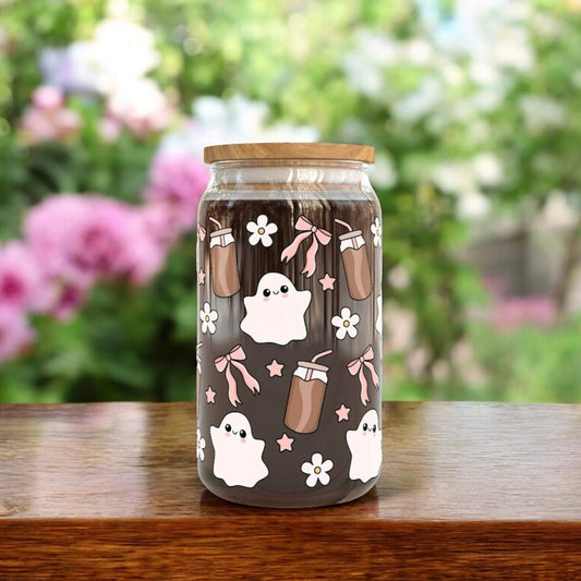 16oz Halloween Girly Ghost Glass Cup | Gifts for Halloween Lovers | Spooky Drinkware | Bamboo Glass Can with Glass Straw | Gifts for Friends