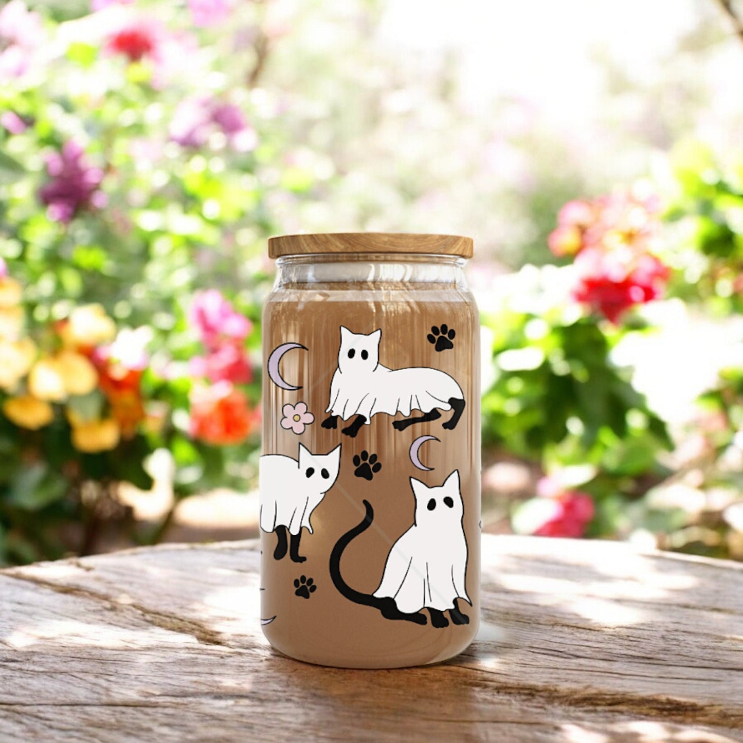 16oz Halloween Cat Ghost Glass Cup | Gifts for Halloween Lovers | Spooky Drinkware | Bamboo Glass Can with Glass Straw | Gifts for Friends