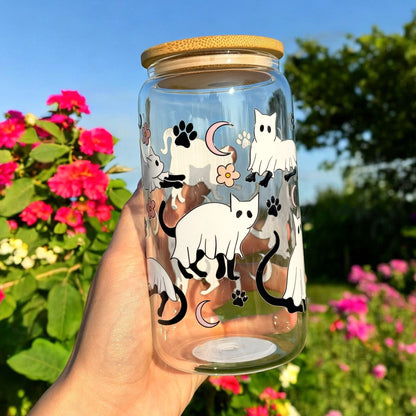 16oz Halloween Cat Ghost Glass Cup | Gifts for Halloween Lovers | Spooky Drinkware | Bamboo Glass Can with Glass Straw | Gifts for Friends