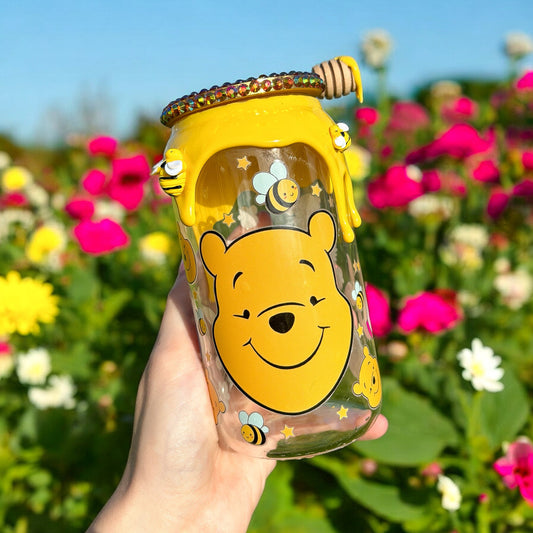 Spring Honey Bear 16oz Glass Cup | Rhinestone Drip Cup | Rhinestone Lid | Honeycomb Cold Cup | Personalised Tumbler | Mug Rug