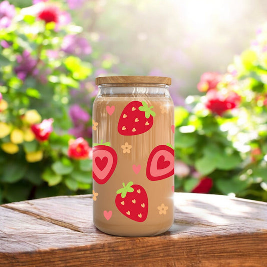 Cute Summer Flower Cup | Glass Tumbler | Cute Iced Coffee Glass | Libbey Glass | Strawberry Glass Can With Bamboo Lid And Straw