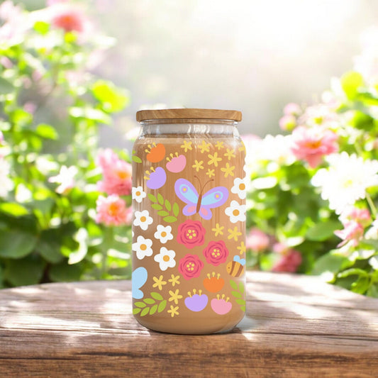 16oz Spring Flowers Glass Cup | Gifts for Frog Lovers | Cute Drinkware | Bamboo Glass Can with Glass Straw | Gifts for Friends | Birthday