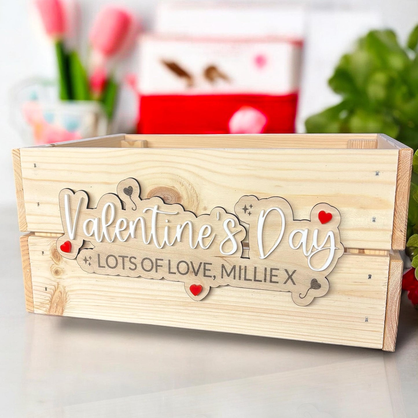 Personalised Valentines Day Crate | Date Night Gift | Valentines Day Basket | Wooden Engraved Crate | Personalised Gift | Custom Basket Tag