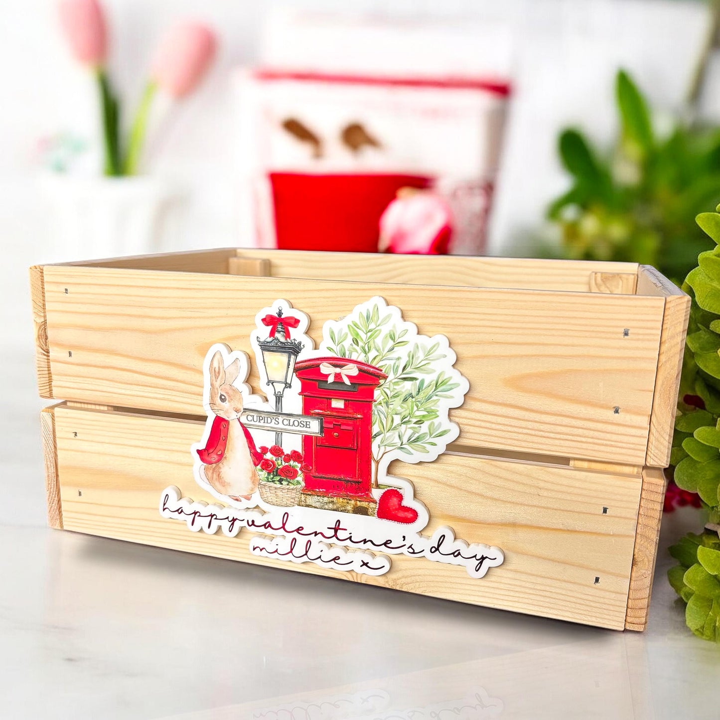 Personalised Valentines Day Crate | Date Night Gift | Valentines Day Basket | Wooden Engraved Crate | Personalised Gift | Custom Basket Tag